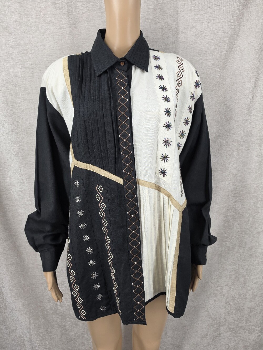 Vintage Yak Magik Black Ivory Embroidered Beaded Colorblock Patchwork Shirt